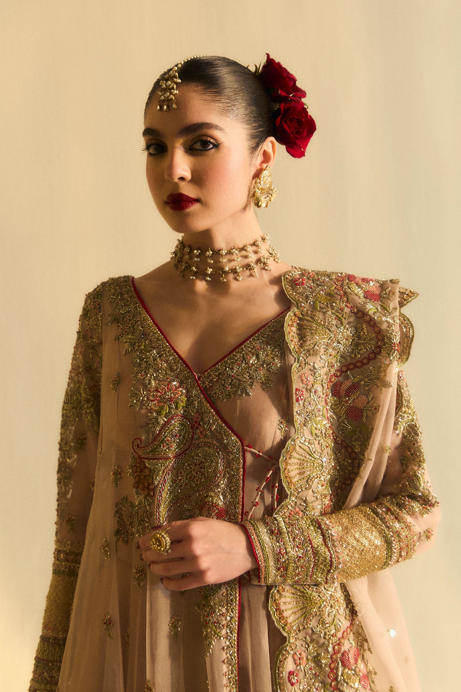 Pakistani Blush Embroidered Organza Angrakha Dress (3-Piece) - Image 2