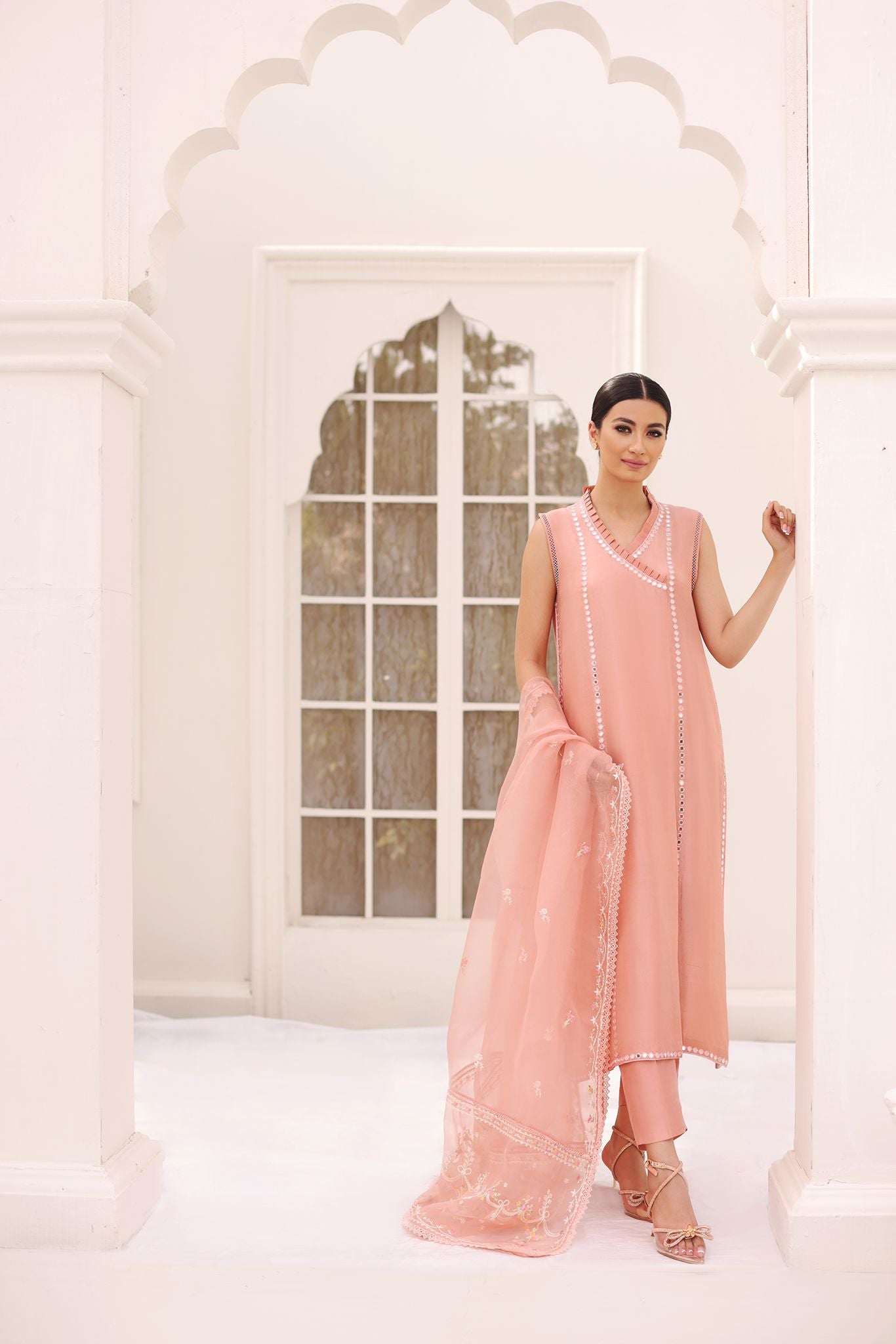 Pakistani Tea Pink Sheesha Work Pure Fabric Angrakha (3-Piece) - Image 1