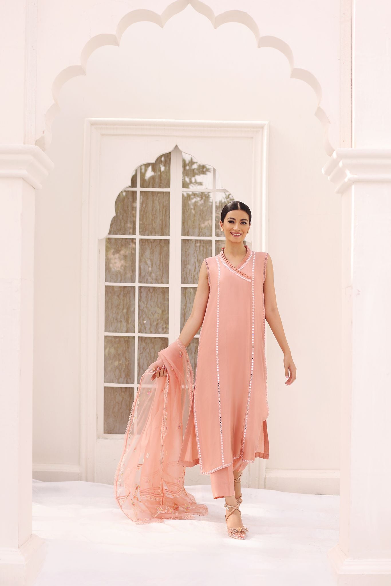 Pakistani Tea Pink Sheesha Work Pure Fabric Angrakha (3-Piece) - Image 2