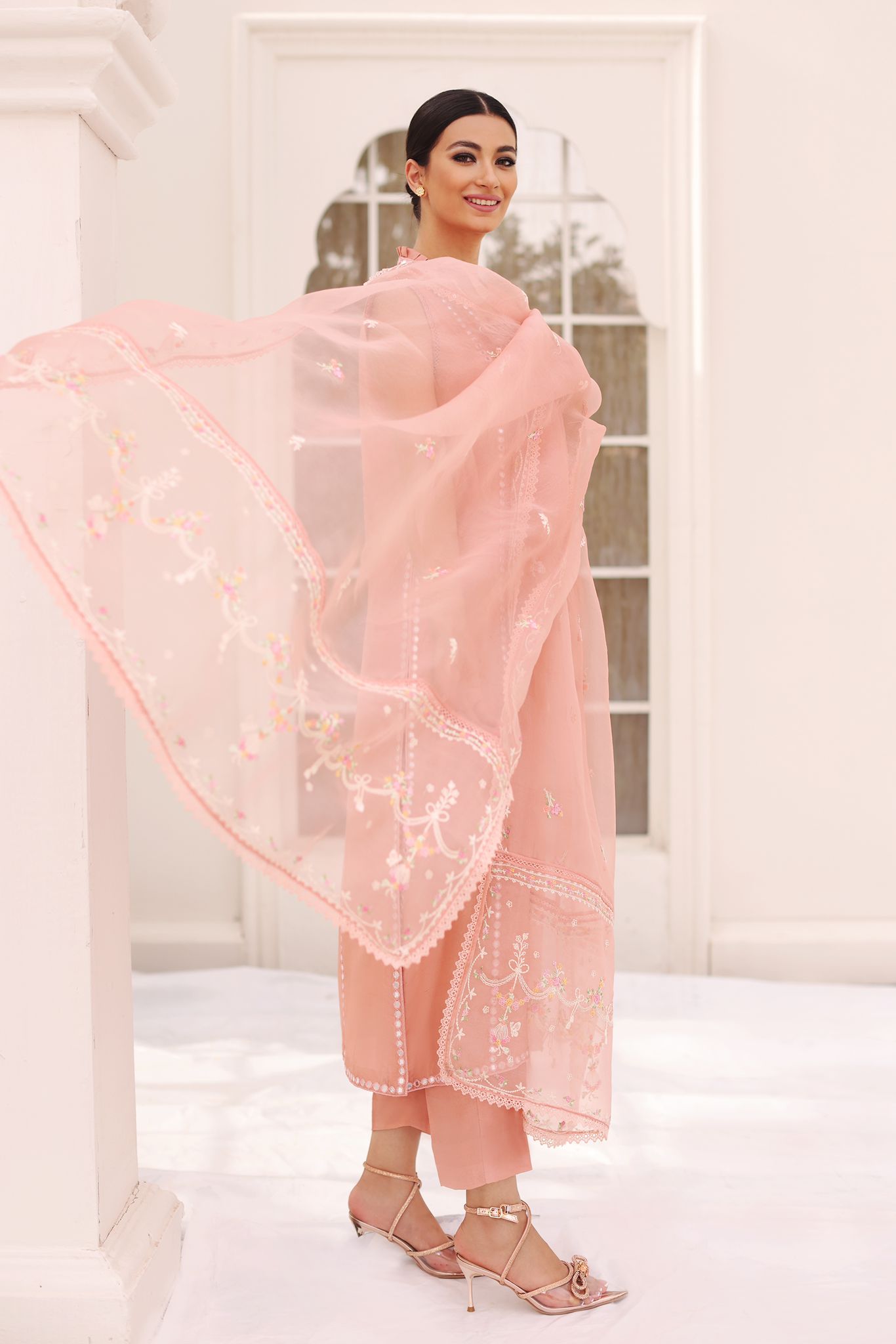 Pakistani Tea Pink Sheesha Work Pure Fabric Angrakha (3-Piece) - Image 3