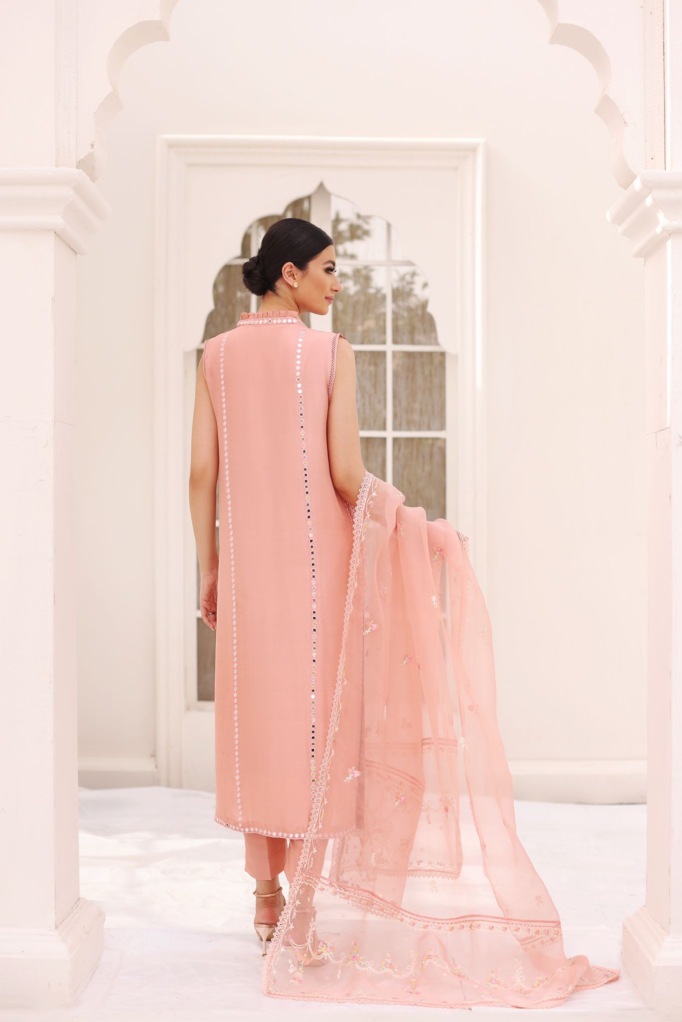 Pakistani Tea Pink Sheesha Work Pure Fabric Angrakha (3-Piece) - Image 4