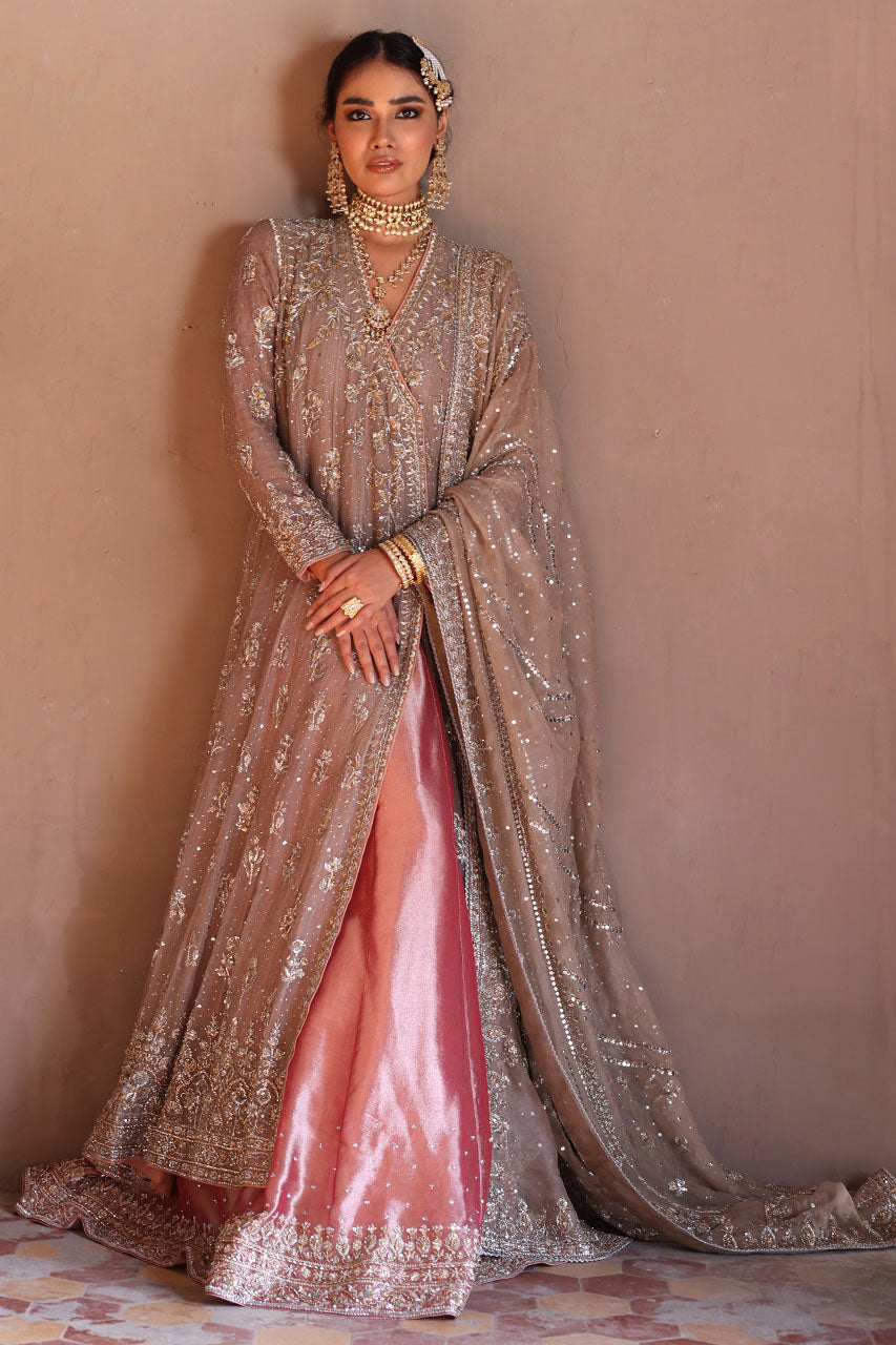 Indian Mauve Grey Zardozi Organza Silk Angrakha (3-Piece) - Image 1