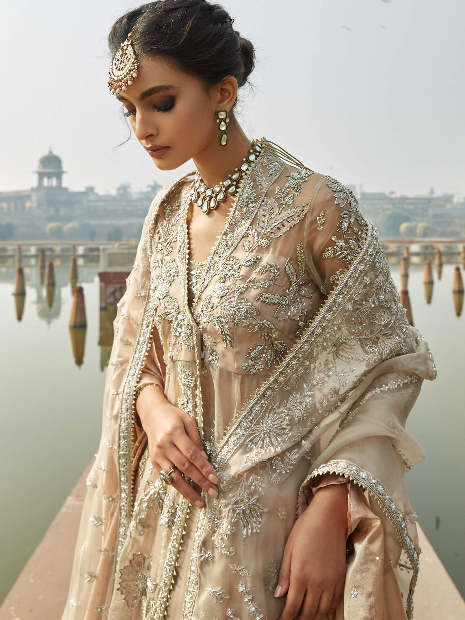 Pakistani Nude Pink Embroidered Organza Angrakha Dress (3-Piece) - Image 2