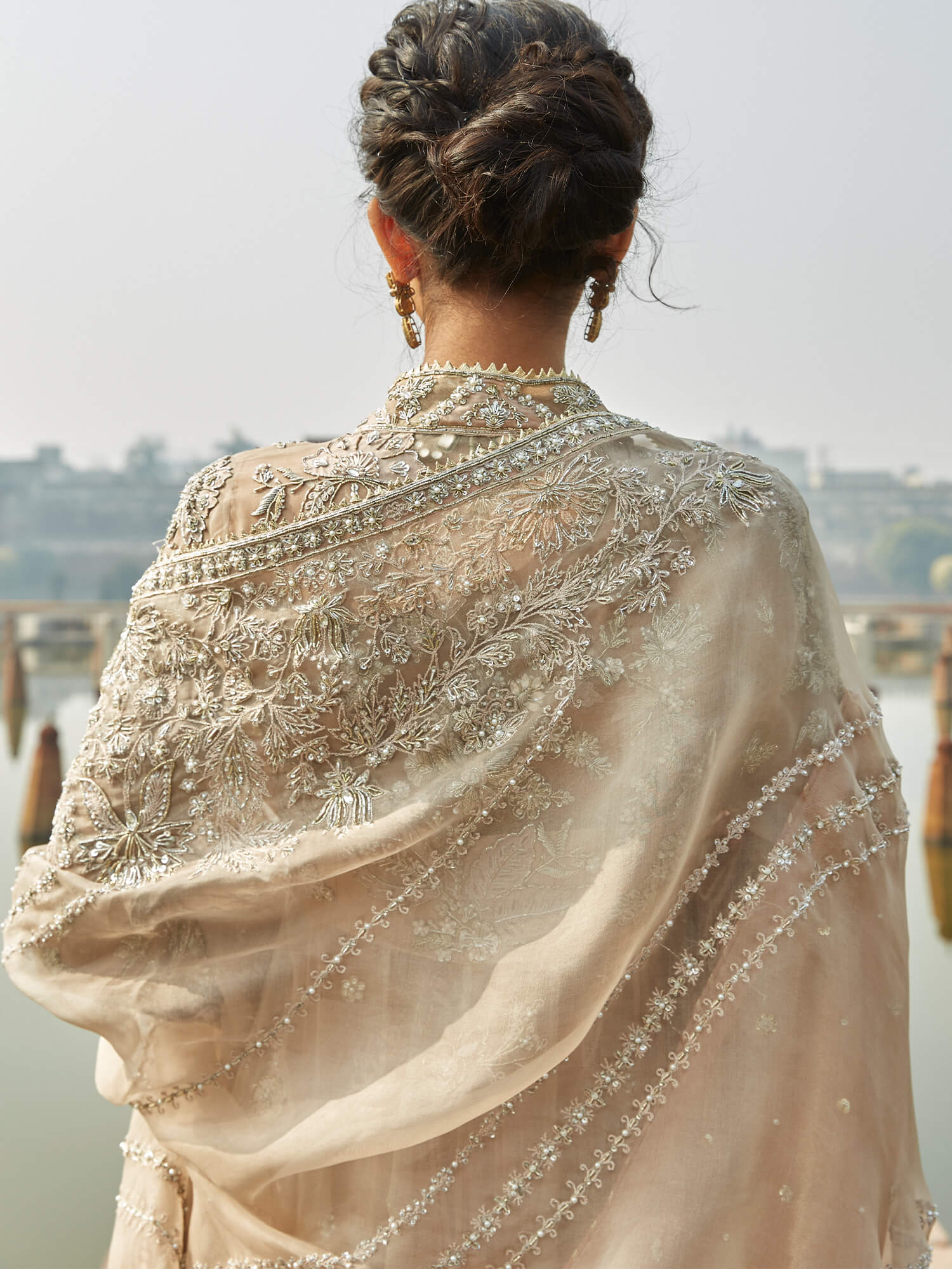 Pakistani Nude Pink Embroidered Organza Angrakha Dress (3-Piece) - Image 3