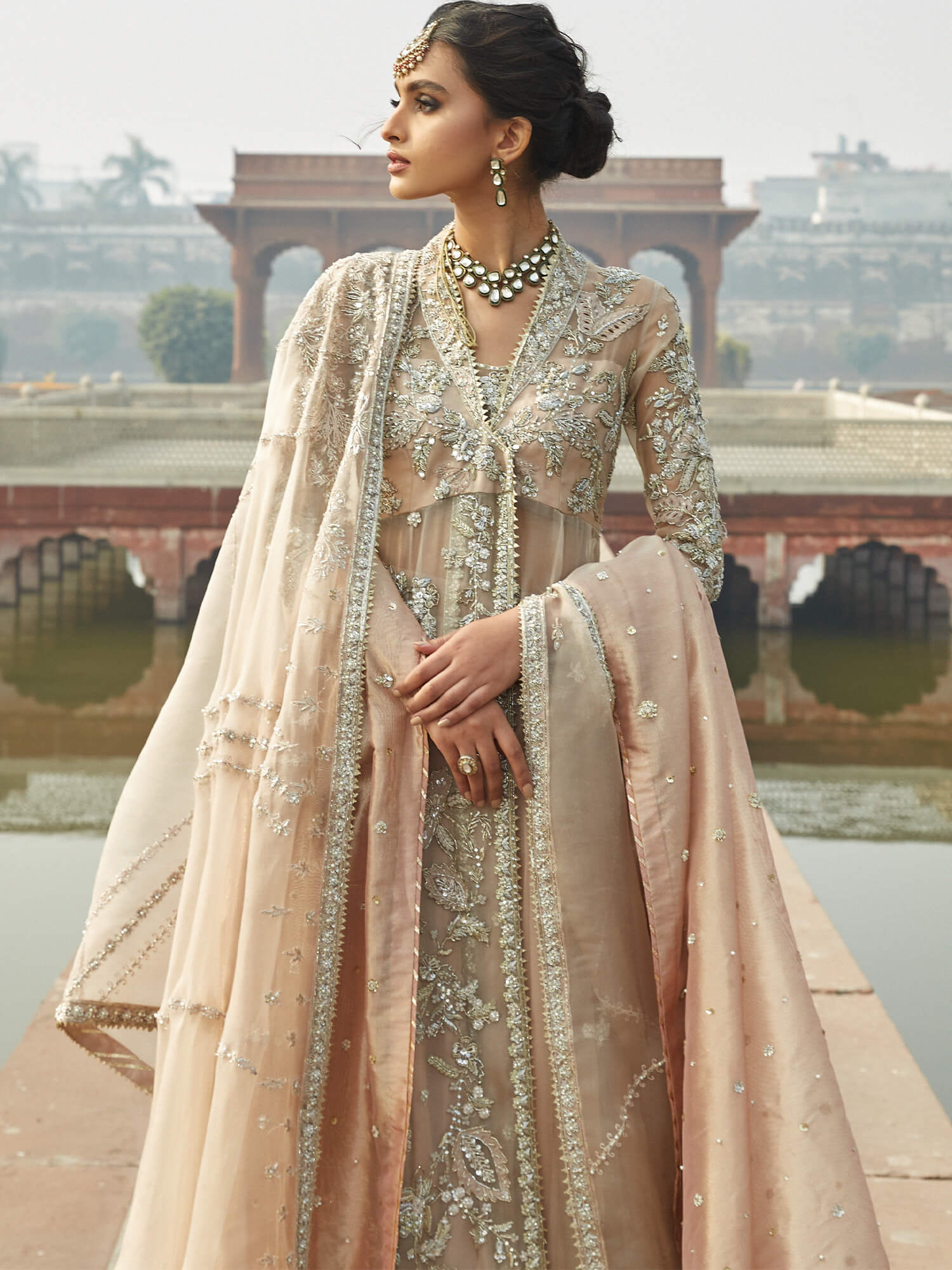 Pakistani Nude Pink Embroidered Organza Angrakha Dress (3-Piece) - Image 4