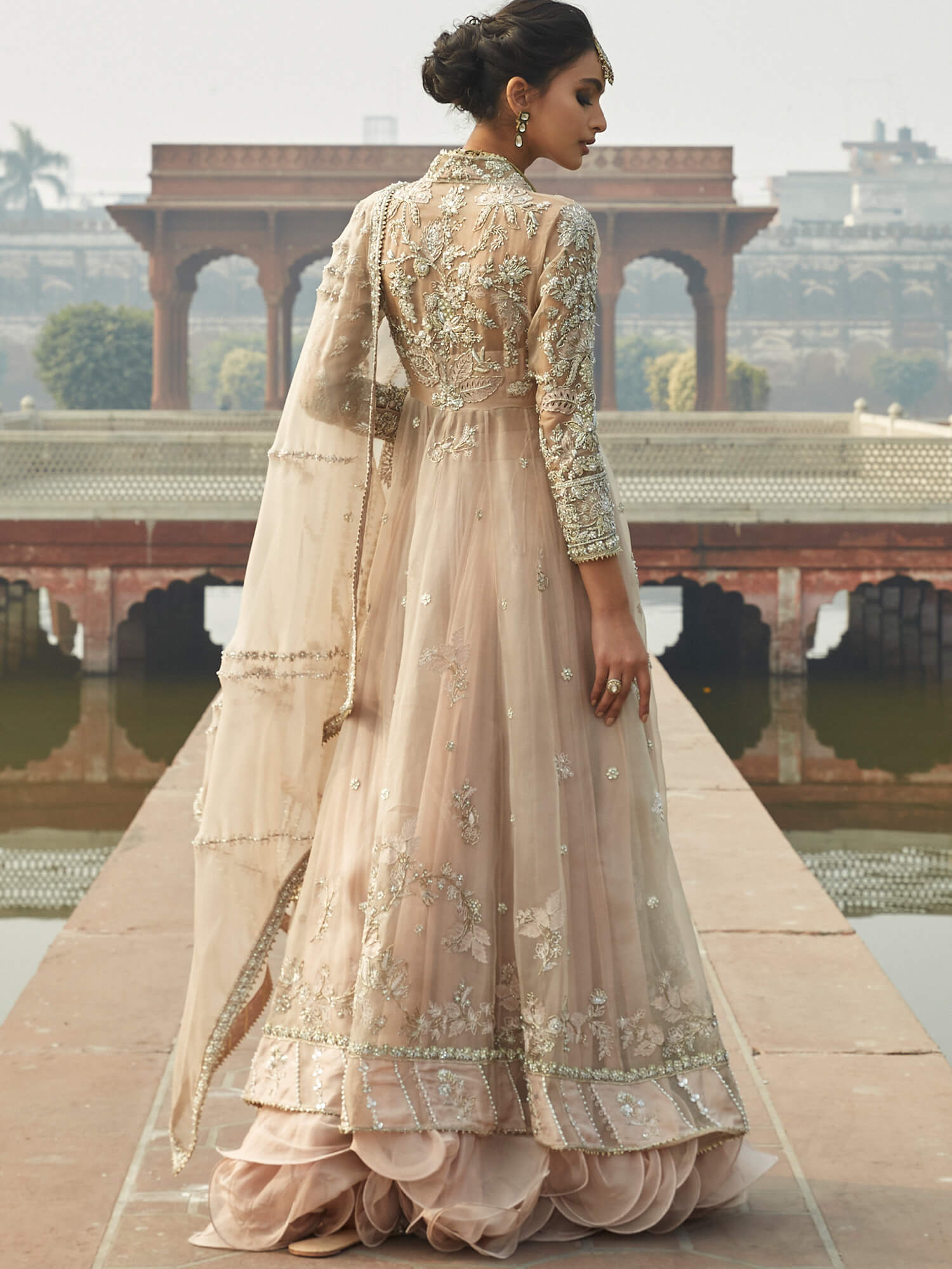 Pakistani Nude Pink Embroidered Organza Angrakha Dress (3-Piece) - Image 5