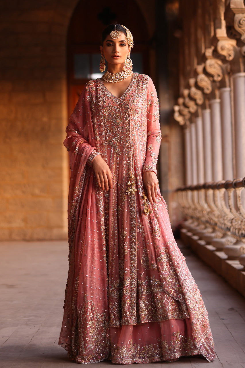 Pakistani Pink Zardozi Organza Bridal Angrakha Lehenga (3-Piece) - Image 1