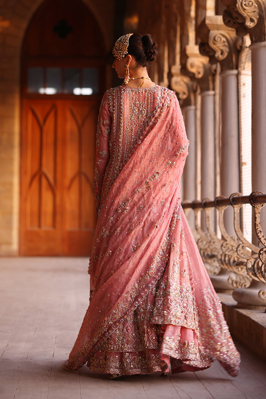 Pakistani Pink Zardozi Organza Bridal Angrakha Lehenga (3-Piece) - Image 2