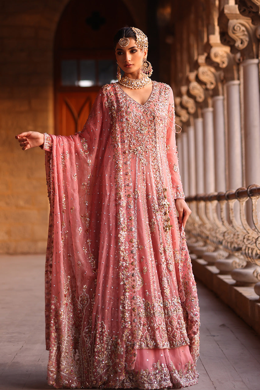 Pakistani Pink Zardozi Organza Bridal Angrakha Lehenga (3-Piece) - Image 3
