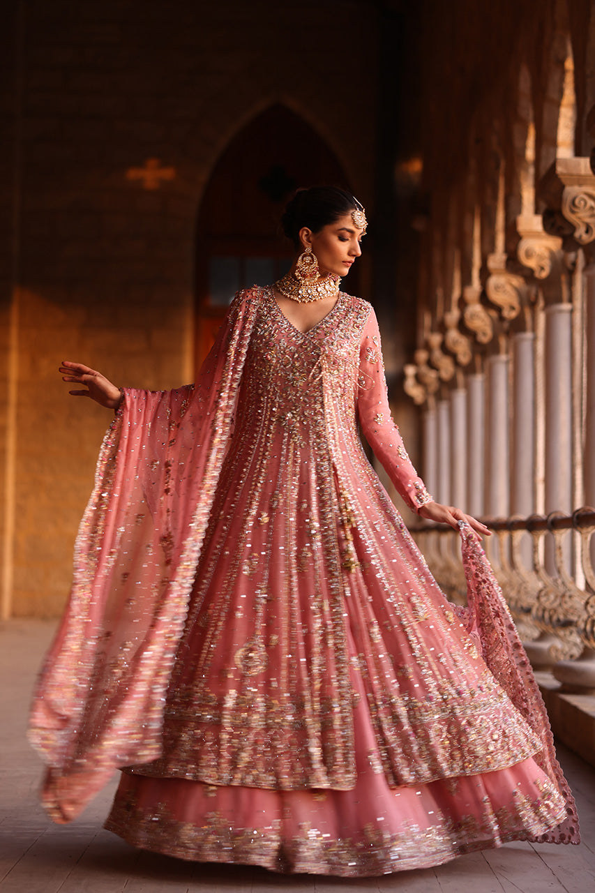 Pakistani Pink Zardozi Organza Bridal Angrakha Lehenga (3-Piece) - Image 4
