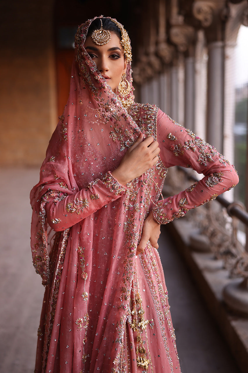 Pakistani Pink Zardozi Organza Bridal Angrakha Lehenga (3-Piece) - Image 5