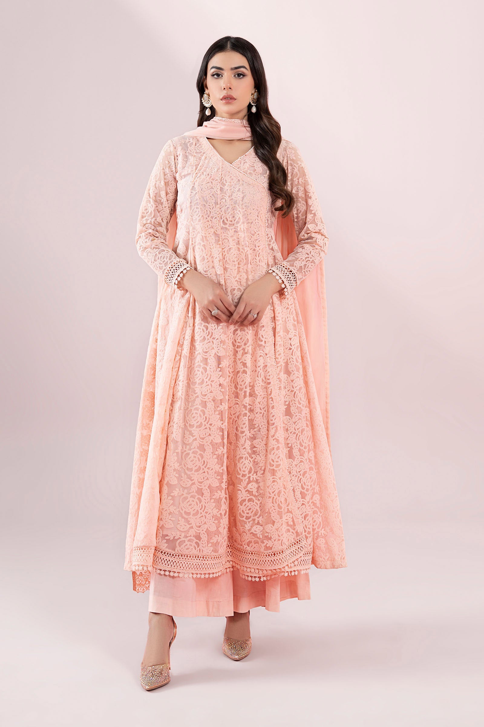 Pink Embroidered Polyester Net Angrakha (3-Piece) - Image 1