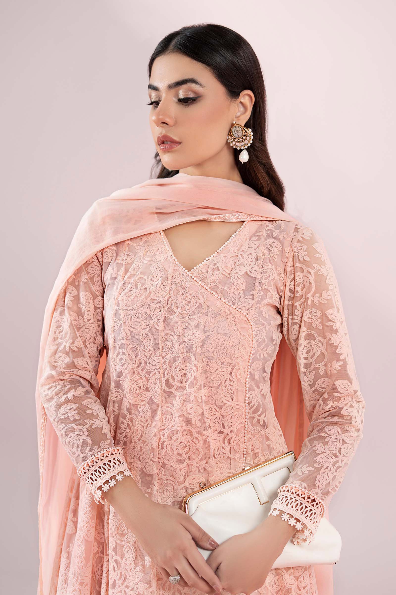 Pink Embroidered Polyester Net Angrakha (3-Piece) - Image 2
