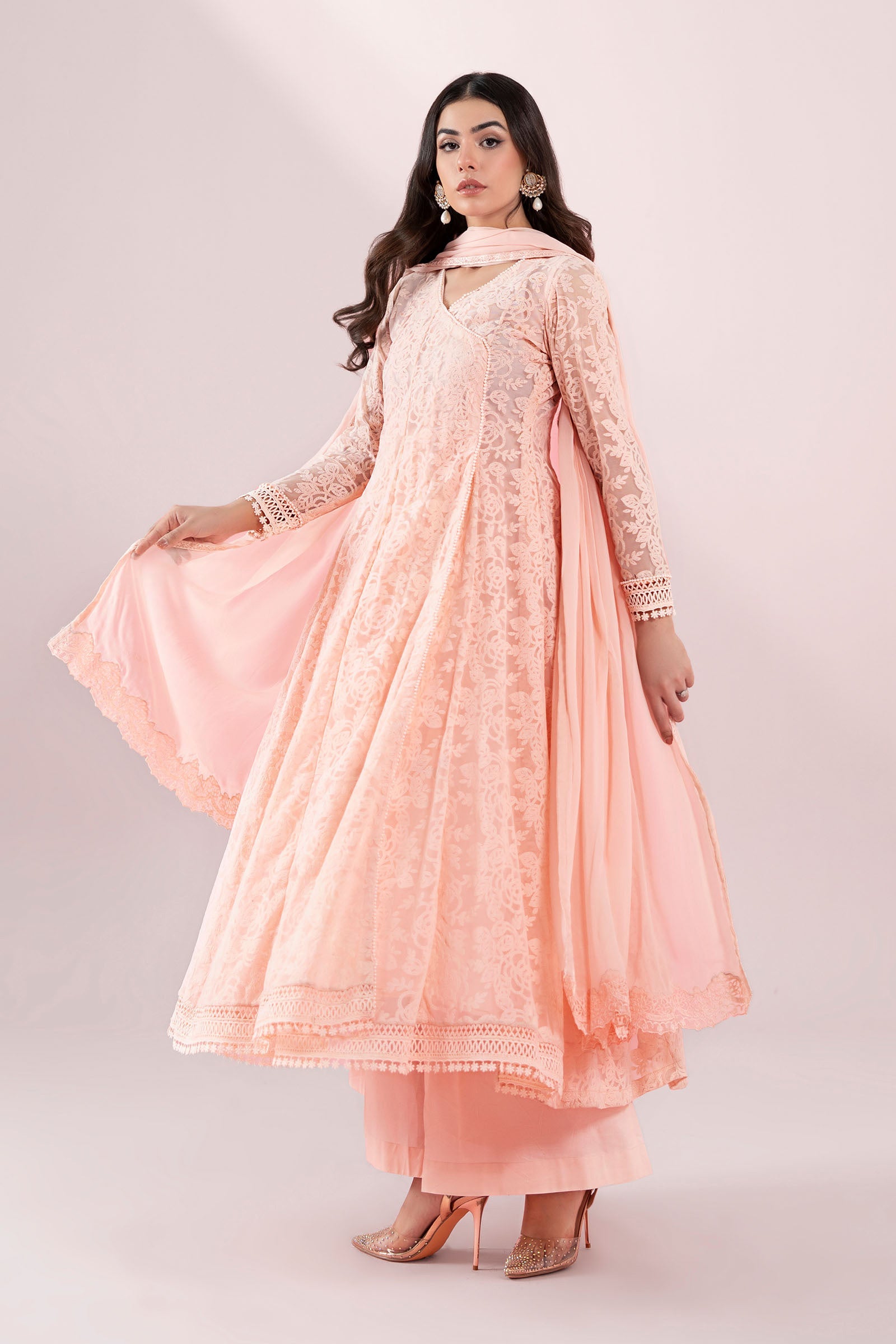 Pink Embroidered Polyester Net Angrakha (3-Piece) - Image 5