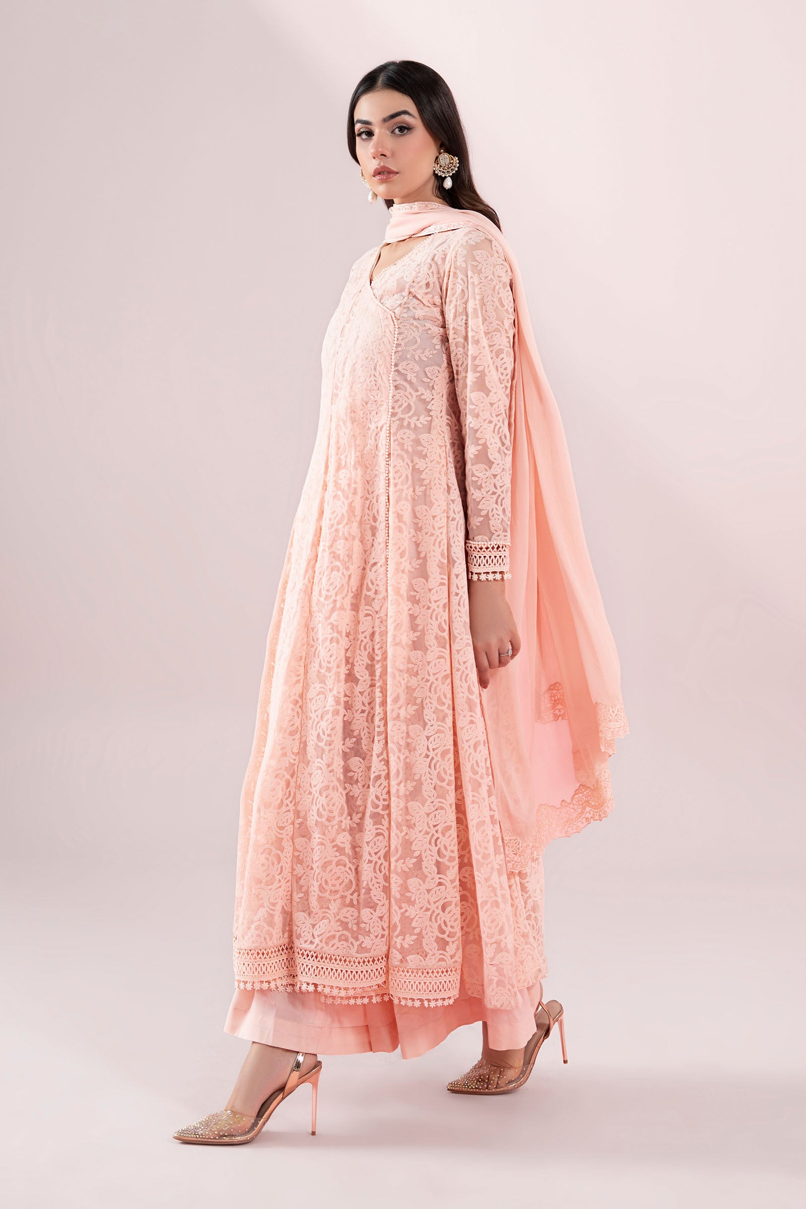 Pink Embroidered Polyester Net Angrakha (3-Piece) - Image 6