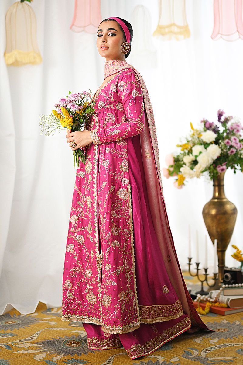 Magenta Pink Embroidered Raw Silk Angrakha (3-Piece) - Image 1
