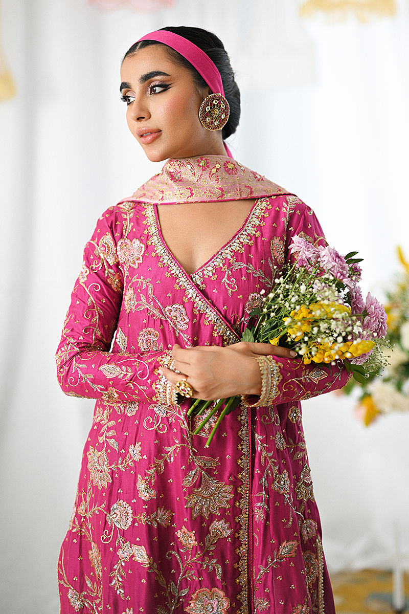 Magenta Pink Embroidered Raw Silk Angrakha (3-Piece) - Image 2