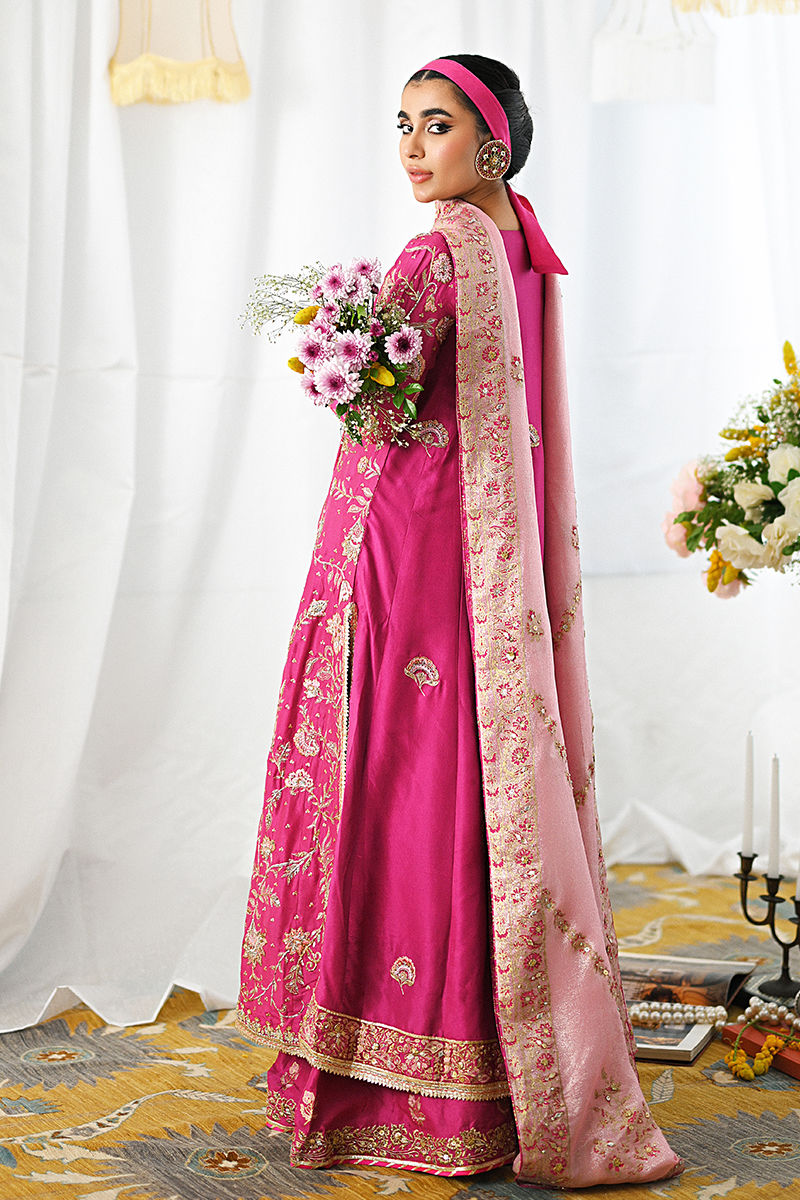 Magenta Pink Embroidered Raw Silk Angrakha (3-Piece) - Image 3