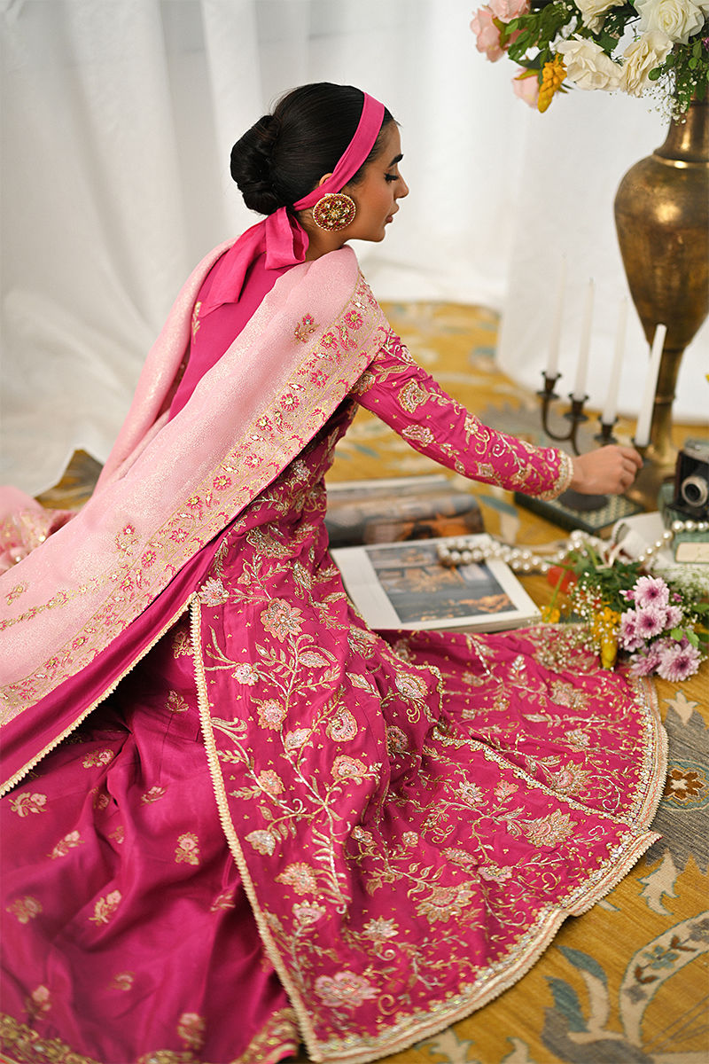 Magenta Pink Embroidered Raw Silk Angrakha (3-Piece) - Image 4