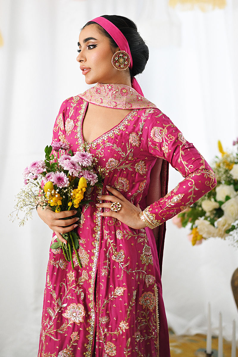 Magenta Pink Embroidered Raw Silk Angrakha (3-Piece) - Image 5