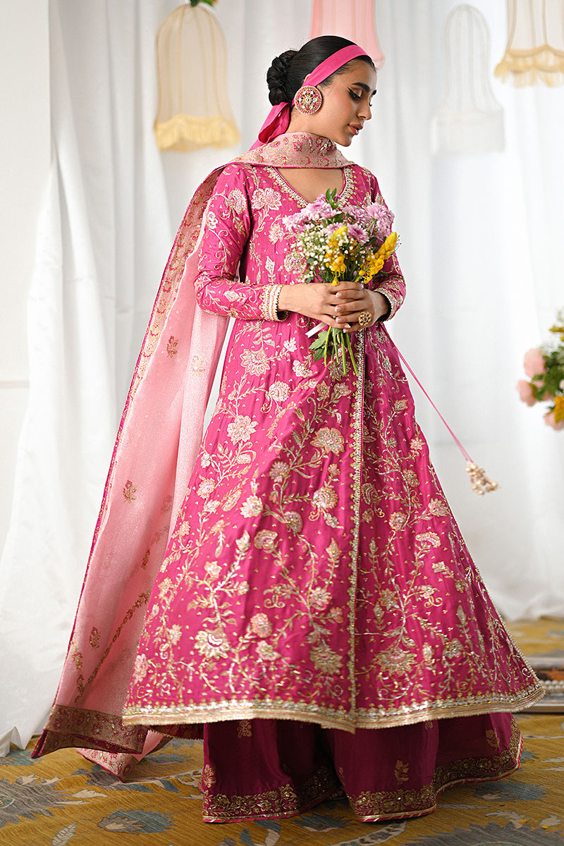 Magenta Pink Embroidered Raw Silk Angrakha (3-Piece) - Image 6