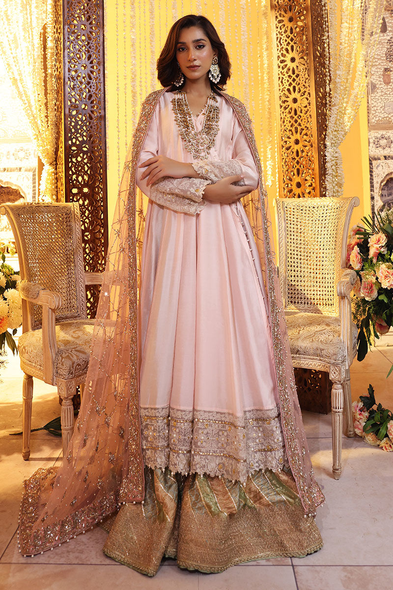 Pakistani Pastel Pink Embroidered Raw Silk Angrakha Dress (3-Piece) - Image 1