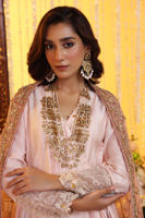 Pakistani Pastel Pink Embroidered Raw Silk Angrakha Dress (3-Piece) - Image 4