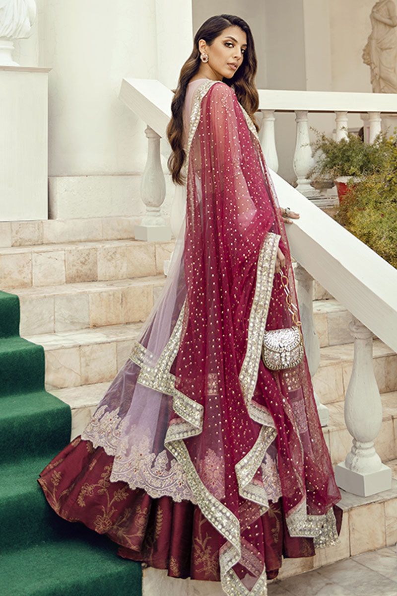 Pakistani Pink Embroidered Raw Silk Angrakha Dress (3-Piece) - Image 5