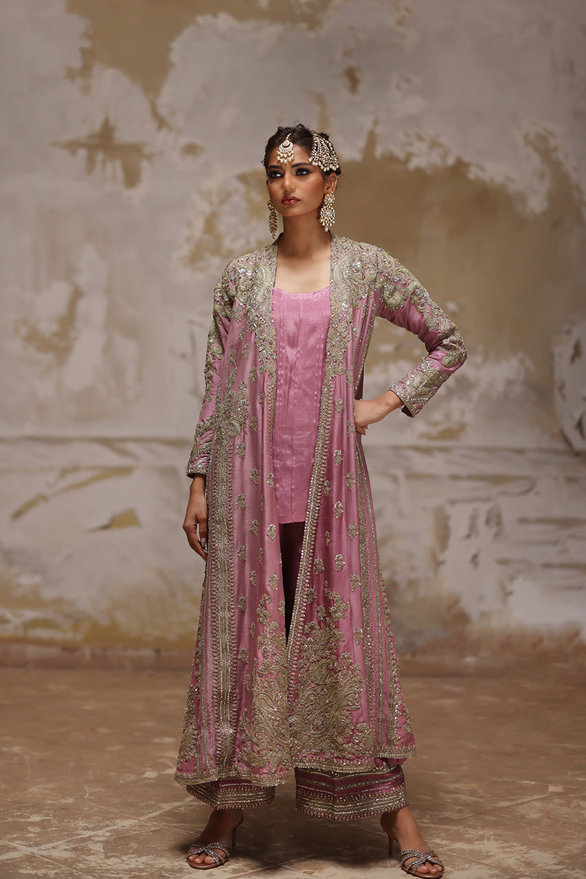 Soft Pink Marori Gota Zardozi Raw Silk Chogha (3-Piece) - Image 2