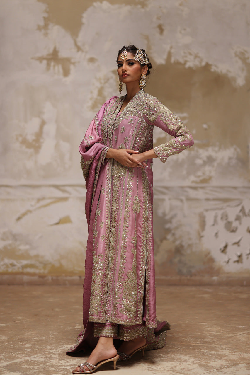 Soft Pink Marori Gota Zardozi Raw Silk Chogha (3-Piece) - Image 4