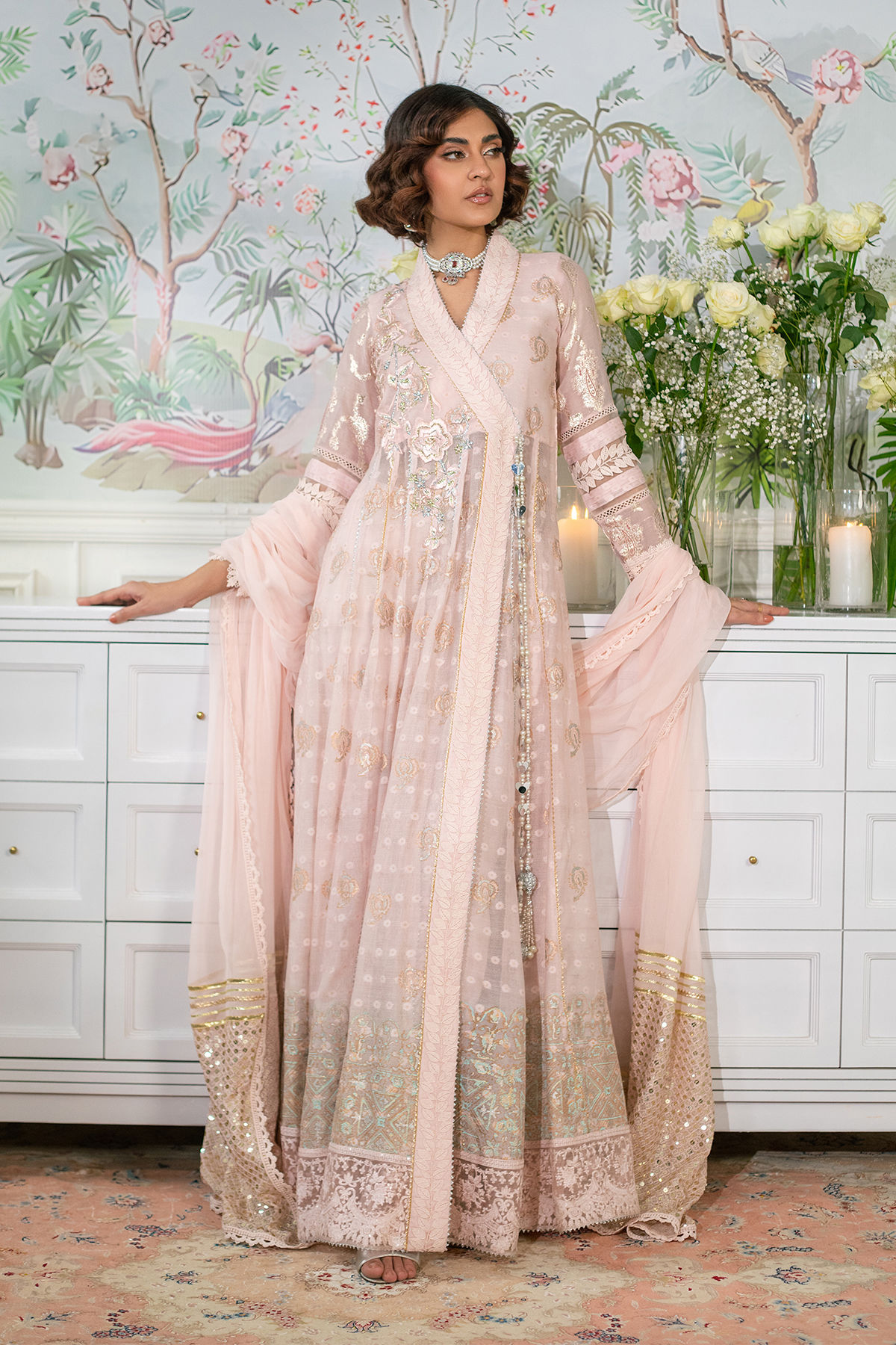 Pakistani Blush Embroidered Raw Silk Angharka Pishwas (3-Piece) - Image 1