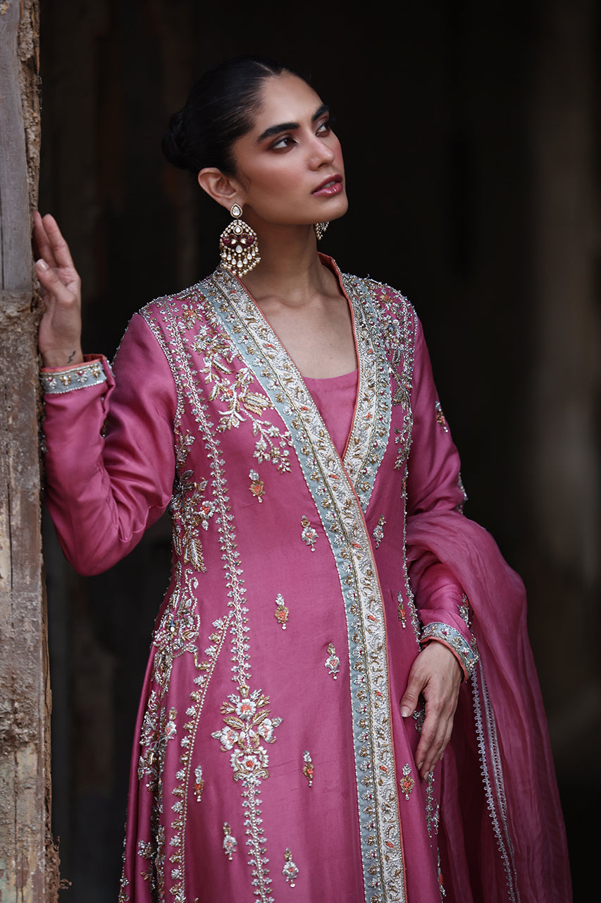 Pink Zardozi Resham Raw Silk Chogha (3-Piece) - Image 2