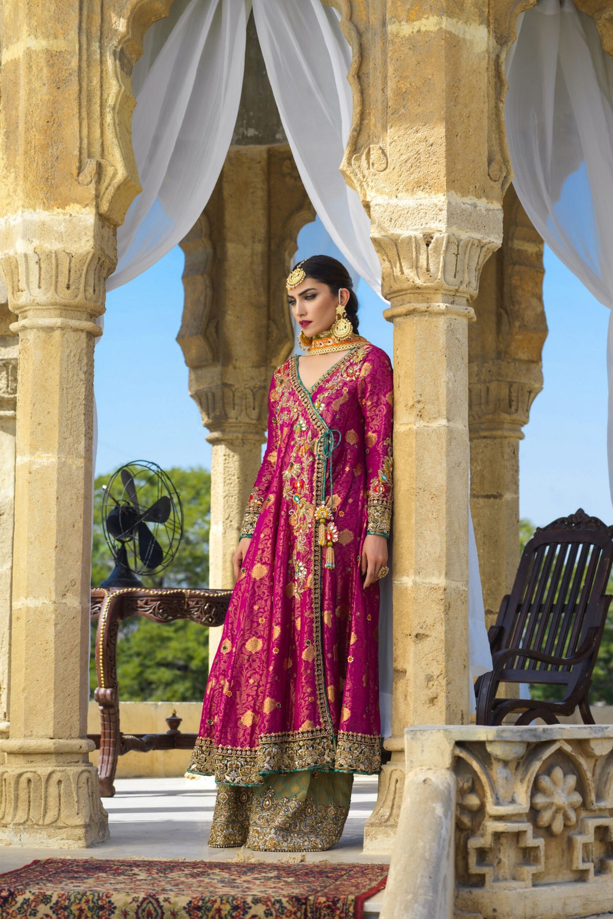 Magenta Zardozi Silk Jamawar Angarkha (3-Piece) - Image 1