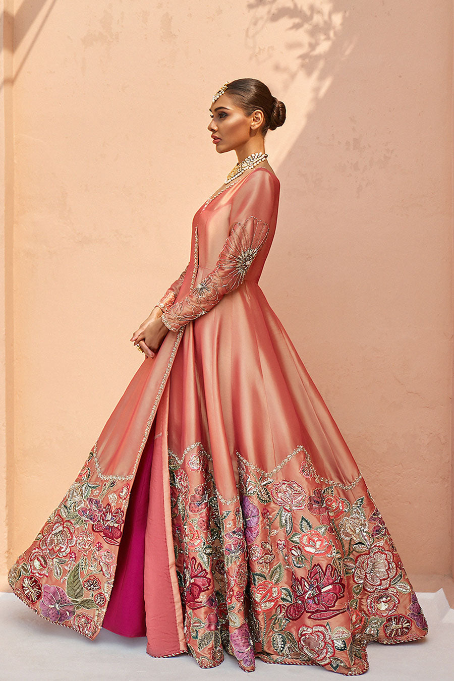 Pakistani Peach Zardozi Silk Katan Angrakha Dress (2-Piece) - Image 2