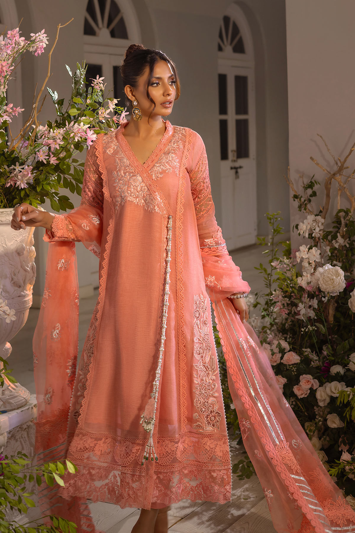 Apricot Embroidered Silk Net Angharka (3-Piece) - Image 3