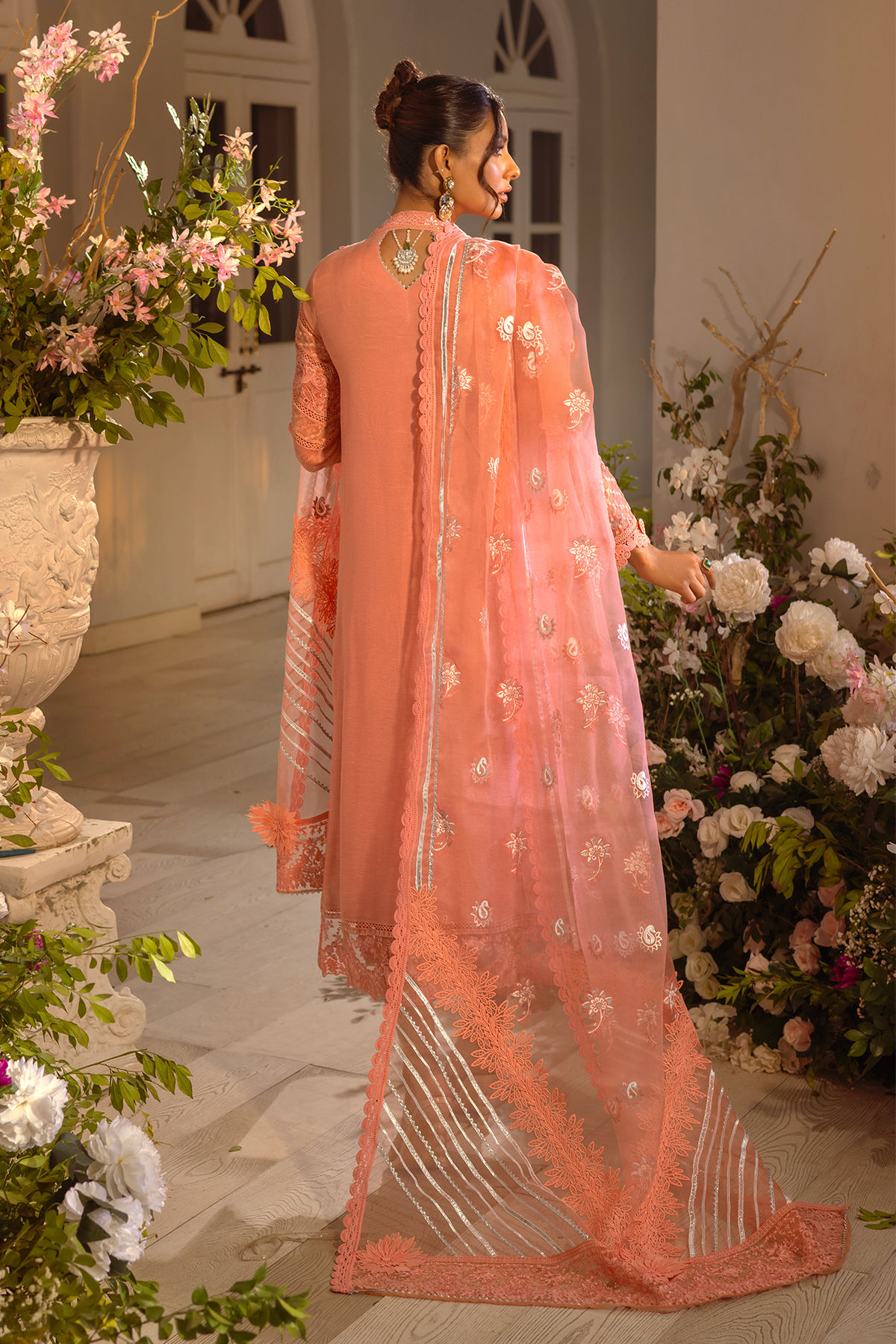 Apricot Embroidered Silk Net Angharka (3-Piece) - Image 4