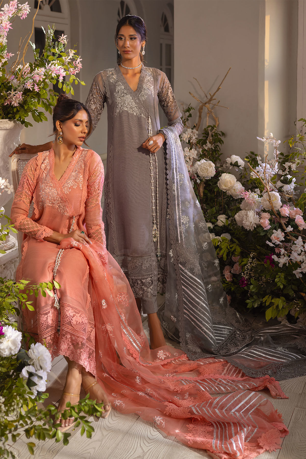 Apricot Embroidered Silk Net Angharka (3-Piece) - Image 6