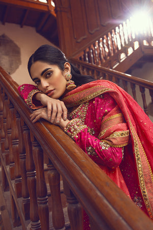 Fuchsia Pink Zardozi Pure Silk Net Angharka (3-Piece) - Image 2