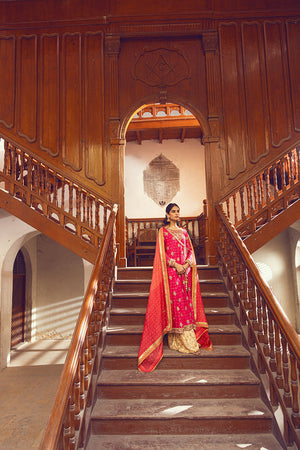 Fuchsia Pink Zardozi Pure Silk Net Angharka (3-Piece) - Image 3