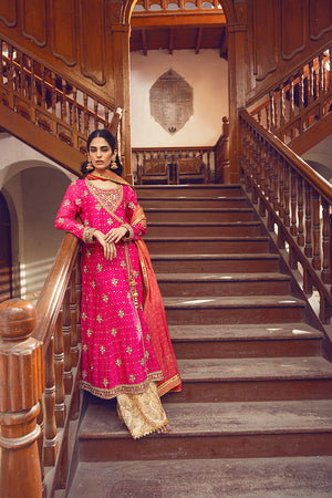 Fuchsia Pink Zardozi Pure Silk Net Angharka (3-Piece) - Image 5