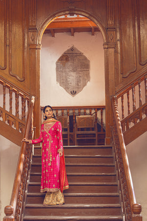 Fuchsia Pink Zardozi Pure Silk Net Angharka (3-Piece) - Image 7