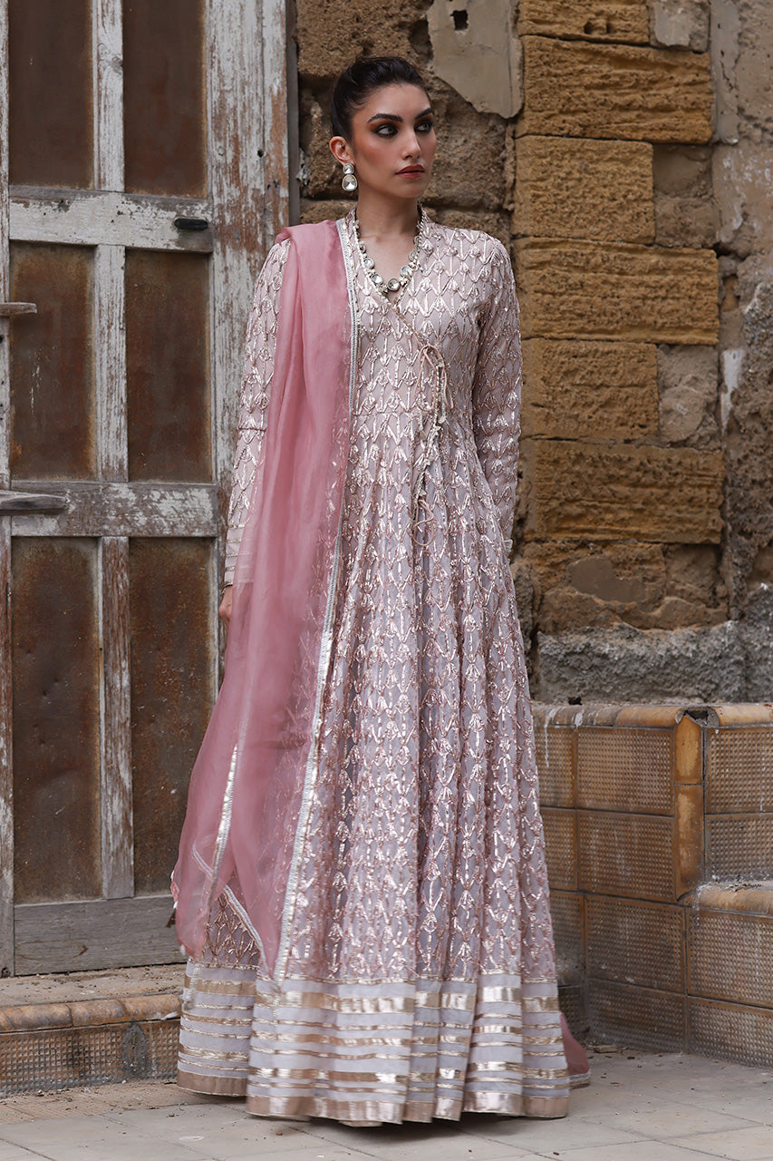 Soft Pink Gota Worked Soft Net Angharkha (3-Piece) - Image 1