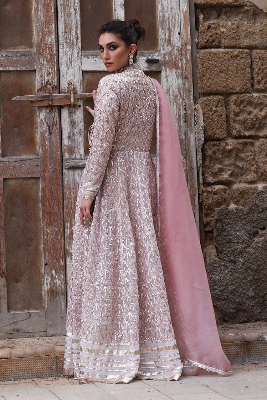 Soft Pink Gota Worked Soft Net Angharkha (3-Piece) - Image 2