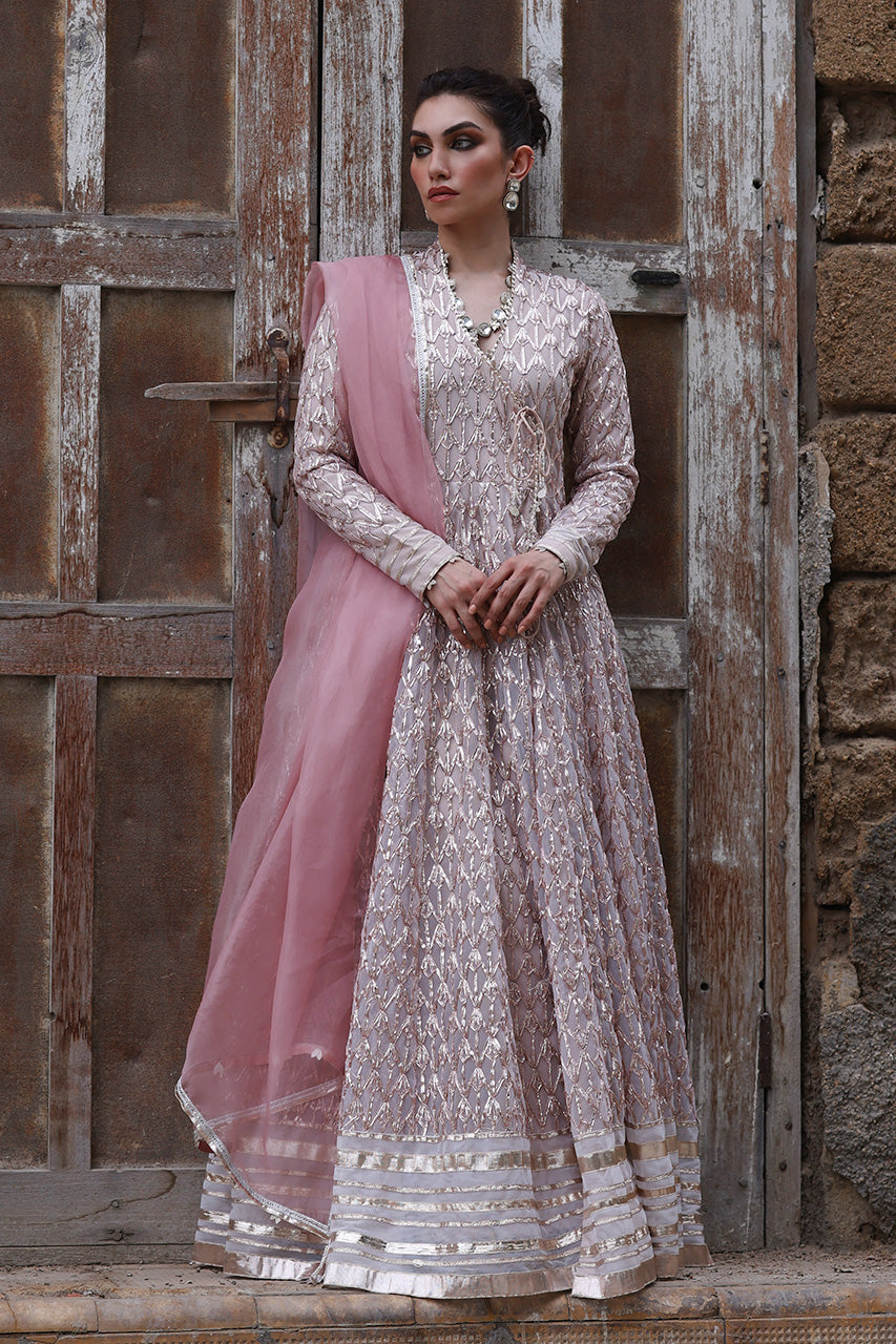 Soft Pink Gota Worked Soft Net Angharkha (3-Piece) - Image 3