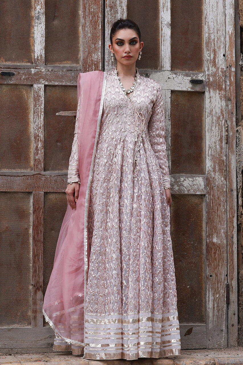 Soft Pink Gota Worked Soft Net Angharkha (3-Piece) - Image 4