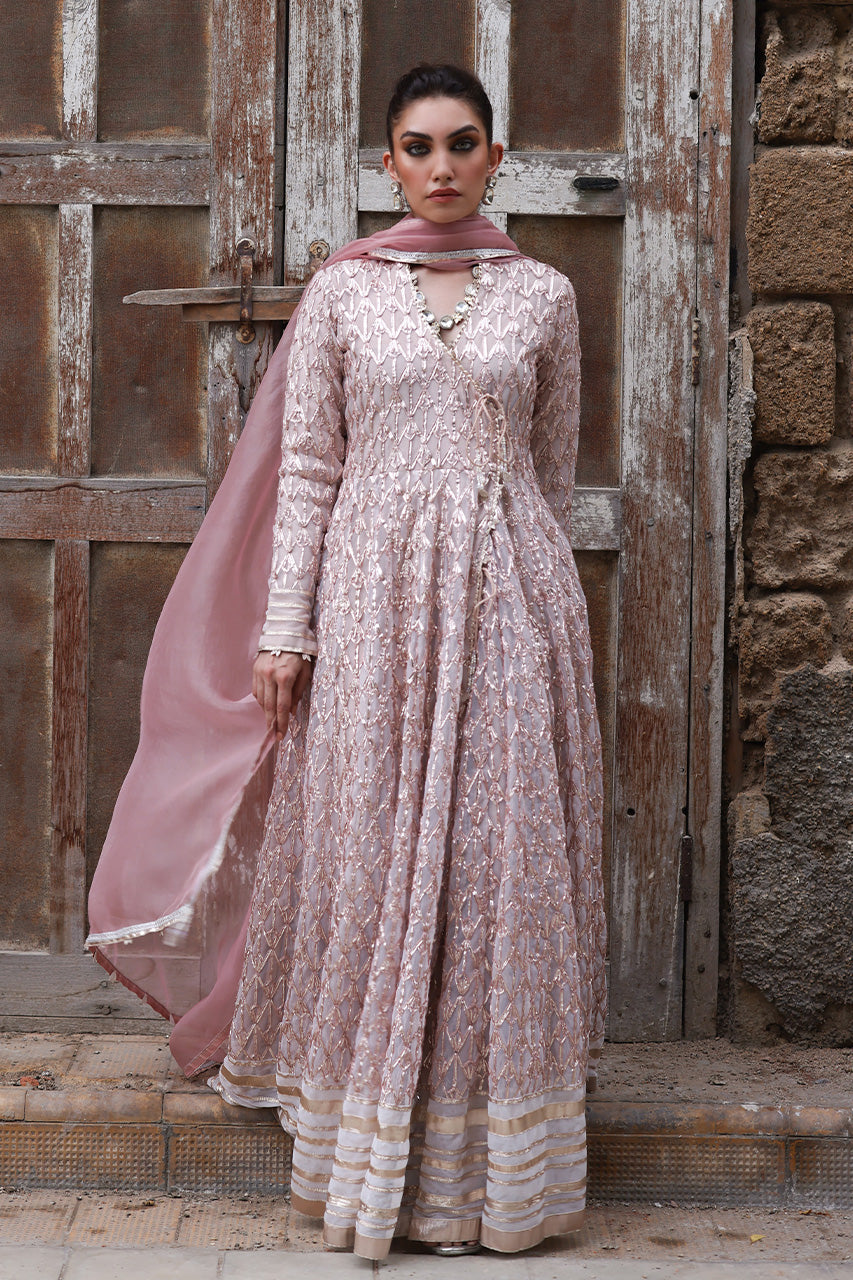 Soft Pink Gota Worked Soft Net Angharkha (3-Piece) - Image 5