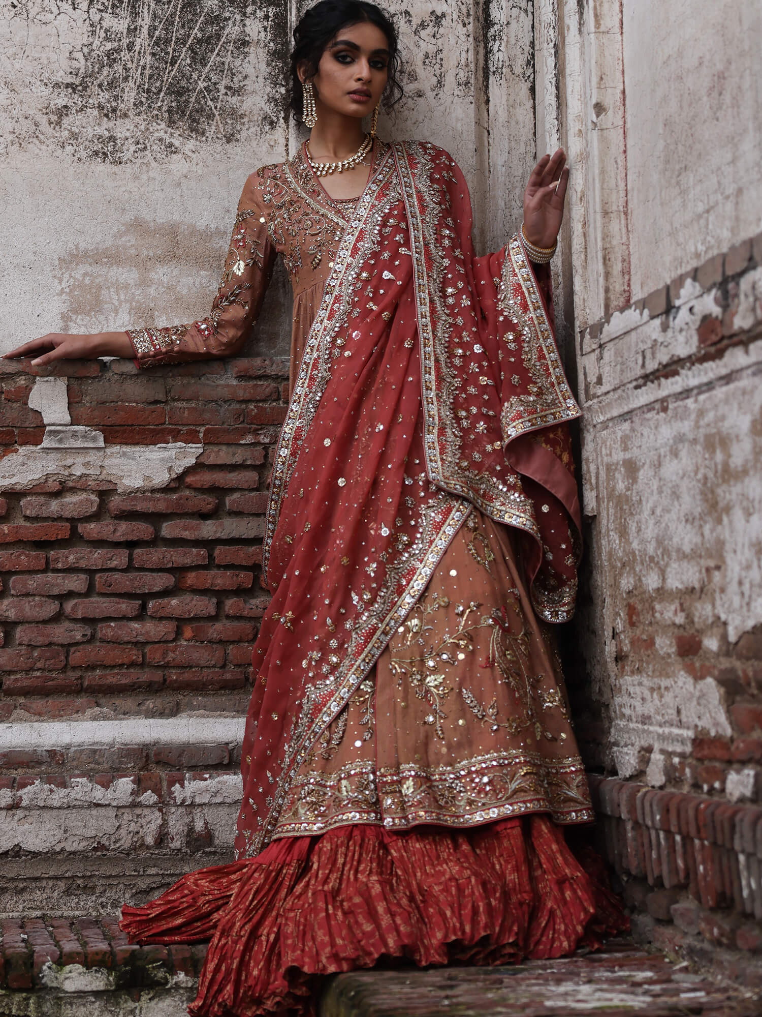 Pakistani Pink & Coral Kamdani Zardozi Spun Zari Net Angrakha (2-Piece) - Image 1