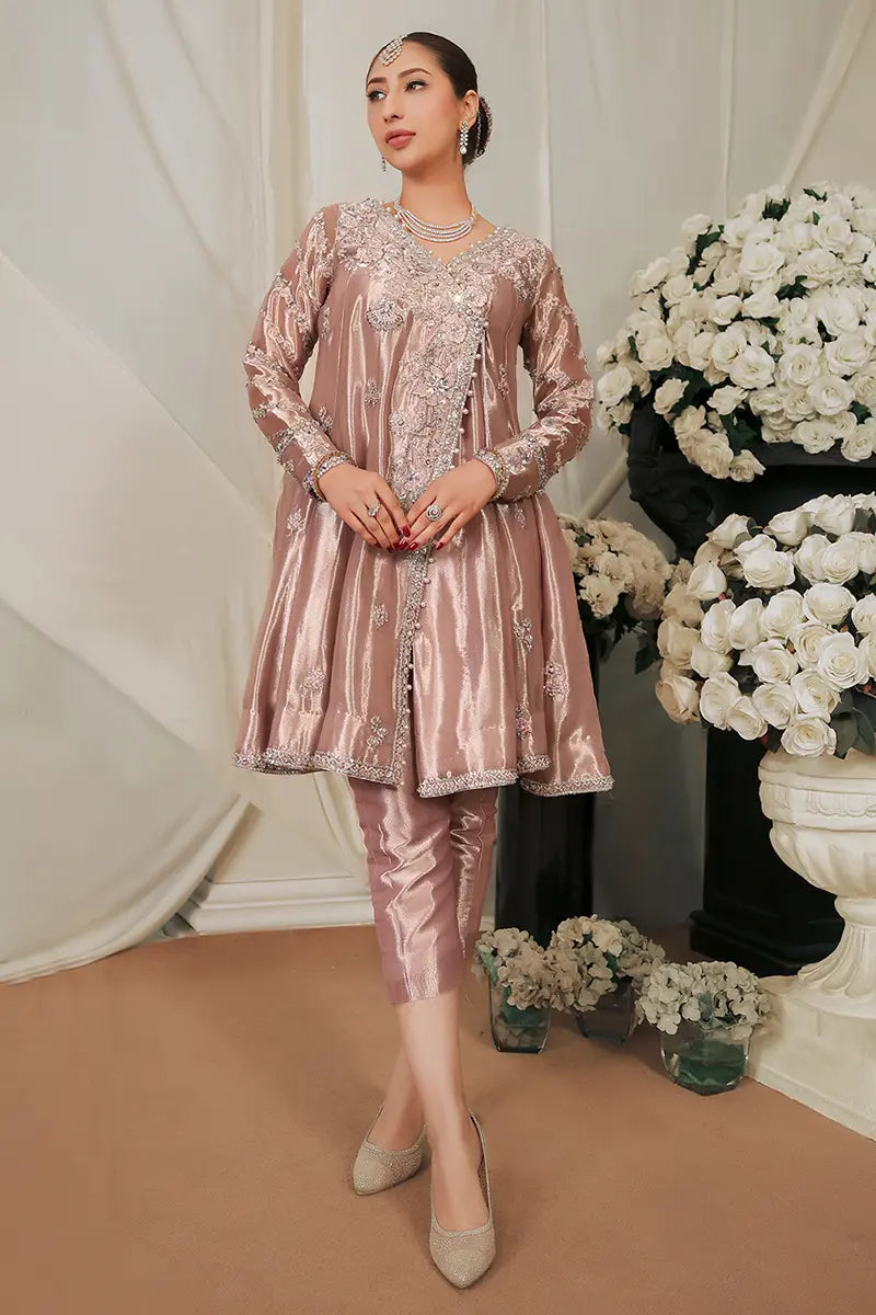 Pakistani Pastel Pink Embroidered Tissue Angrakha (2-Piece) - Image 1