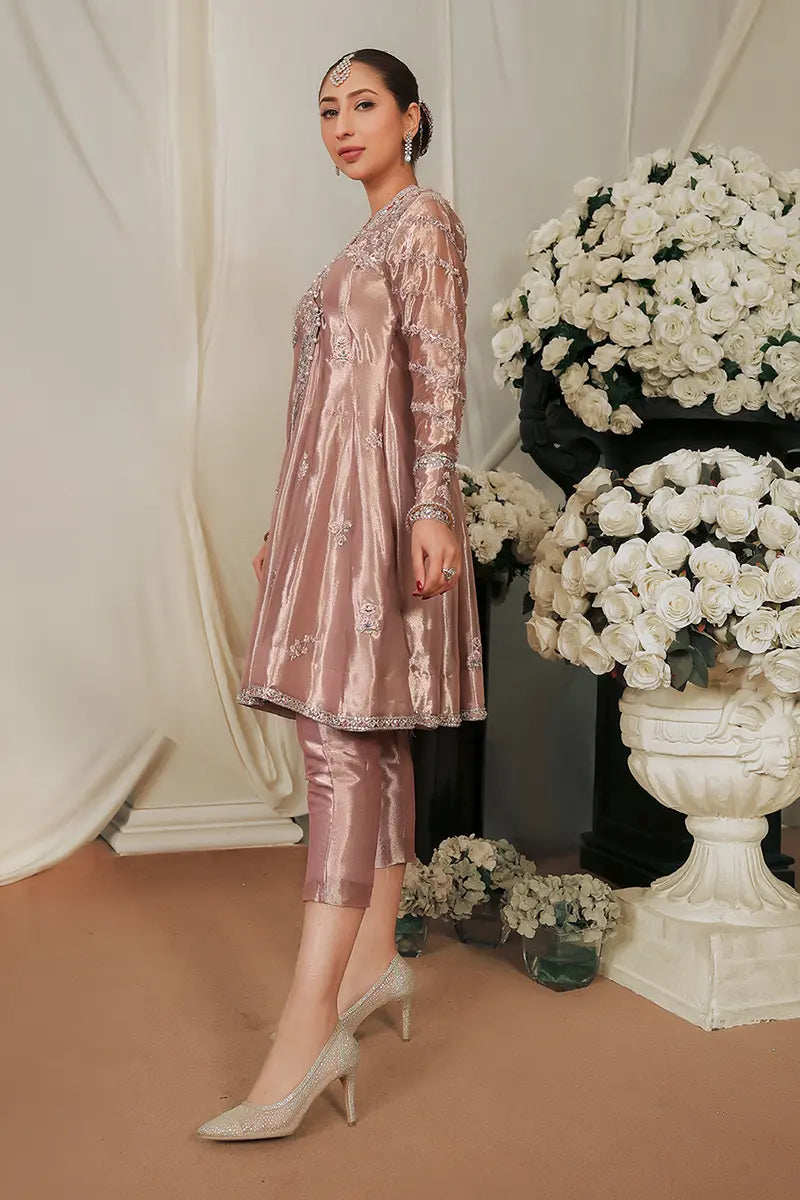 Pakistani Pastel Pink Embroidered Tissue Angrakha (2-Piece) - Image 2