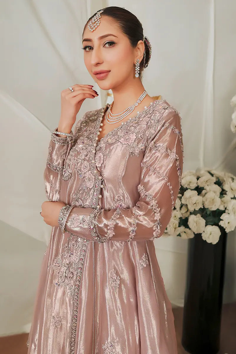 Pakistani Pastel Pink Embroidered Tissue Angrakha (2-Piece) - Image 4